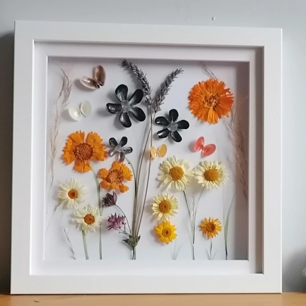 Dried flower framed art - orange and yellow flowers with mussel shell flowers